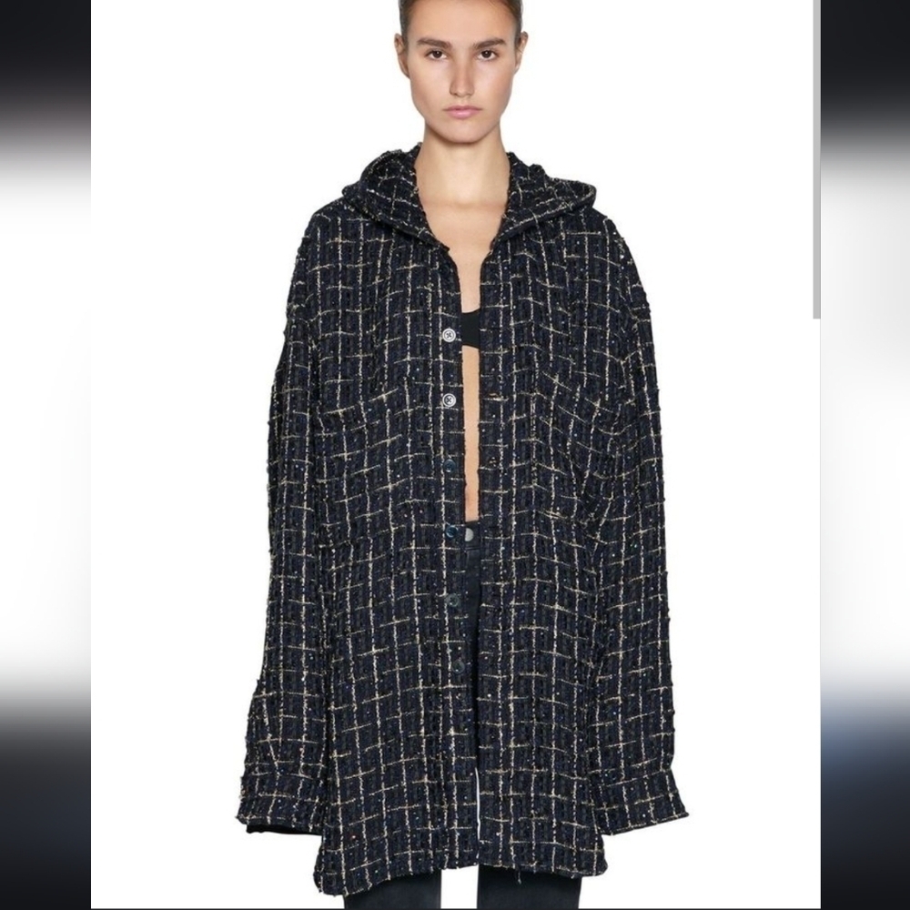 Faith Connexion Tweed oversized hooded shirt black/navy unisex SZ M
